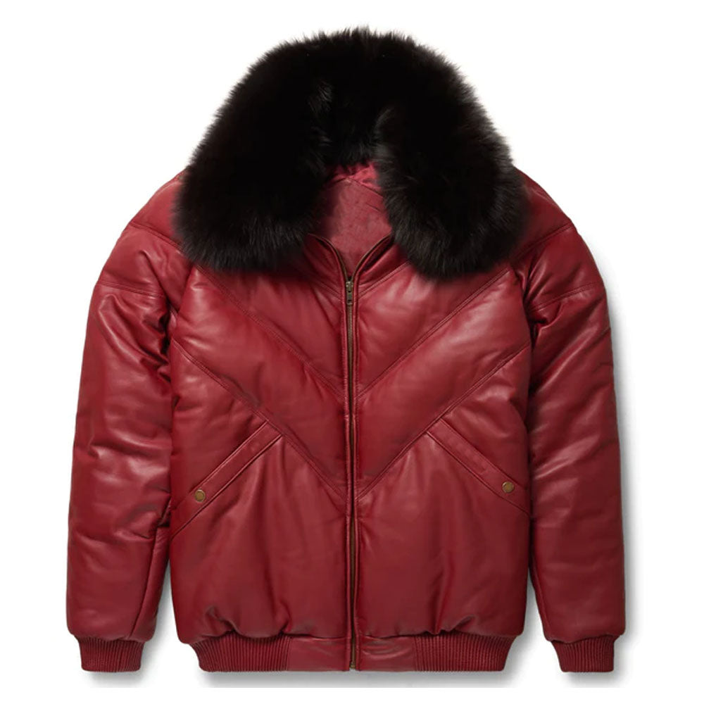 Burgundy Men Sheepskin V-Bomber Bubble Leather Jacket