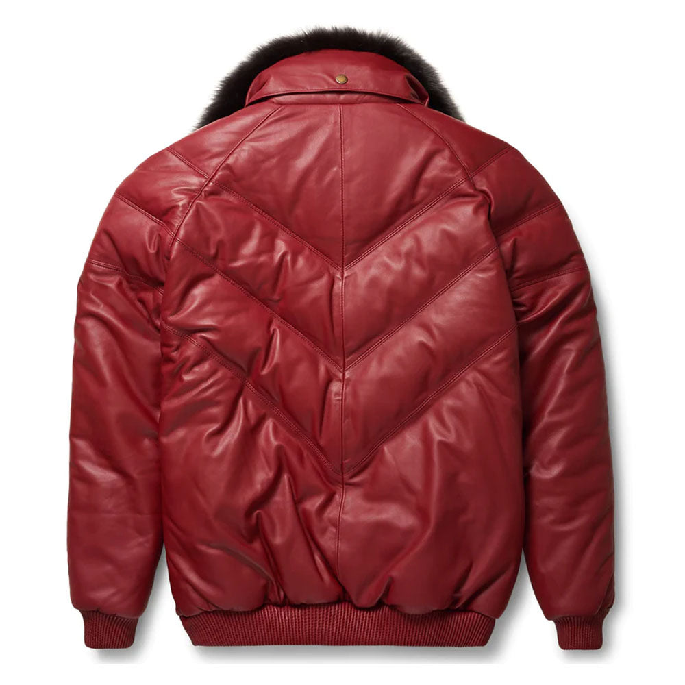 Burgundy Sheepskin V-Bomber Bubble Leather Jacket