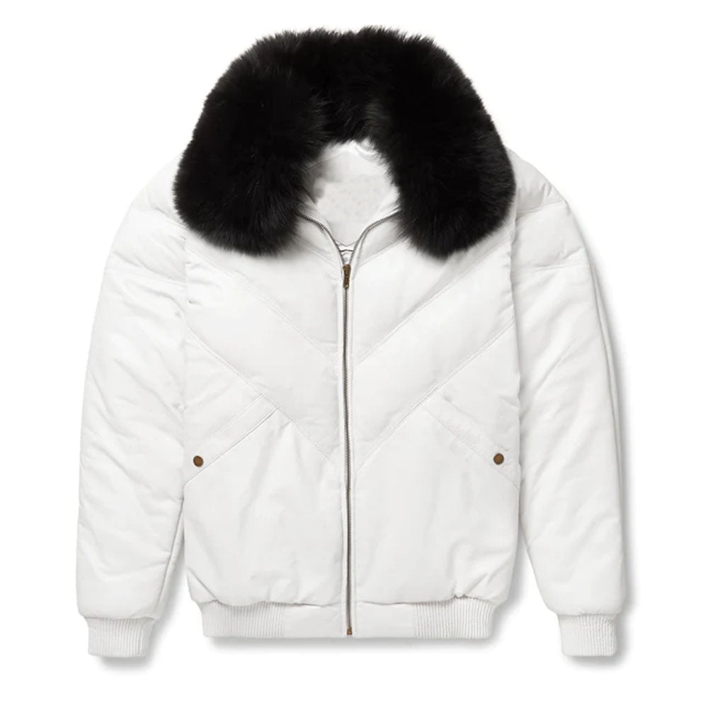 Men White Bubble Shearling Collar V-Bomber Leather Jacket