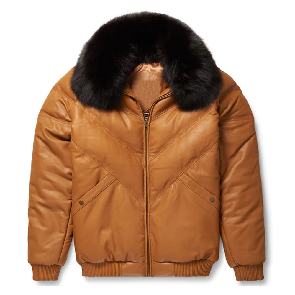 Camel Brown Men Sheepskin Bubble Shearling Collar V-Bomber Leather Jacket
