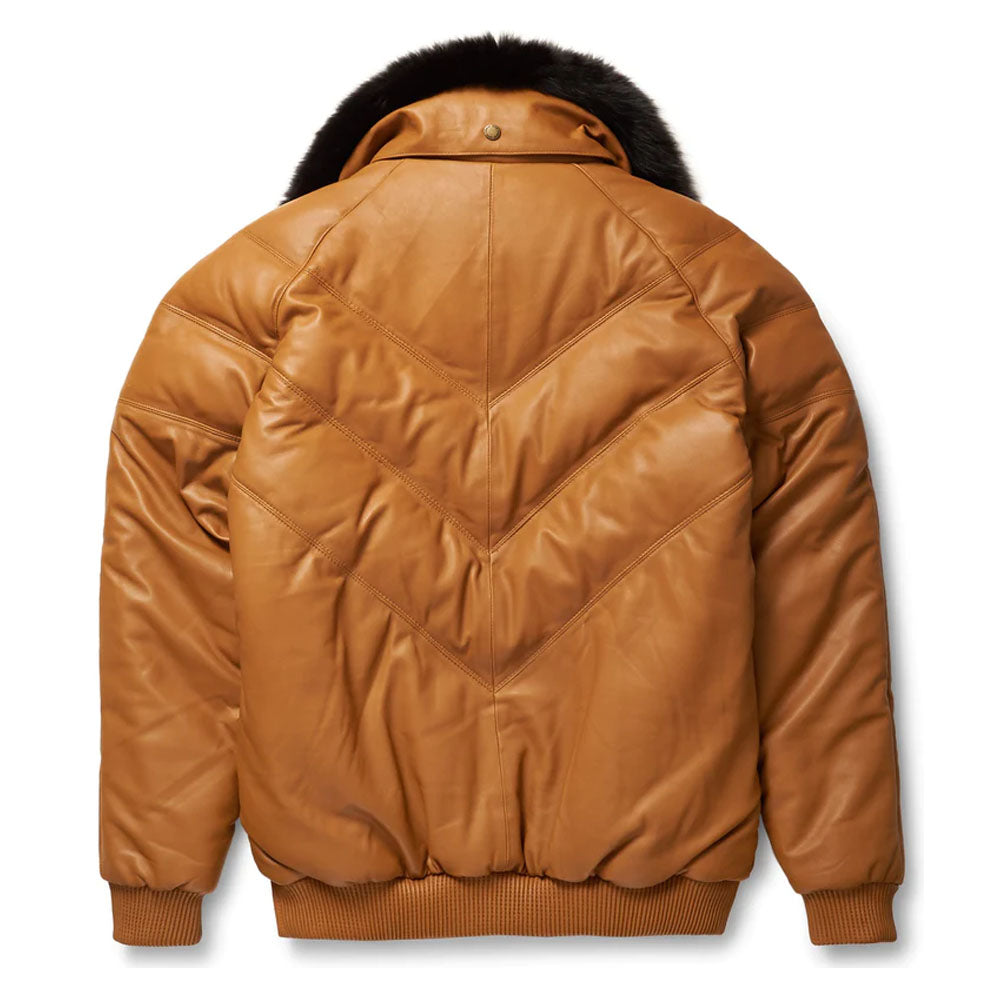 Men Sheepskin Bubble Shearling Collar V-Bomber Leather Jacket