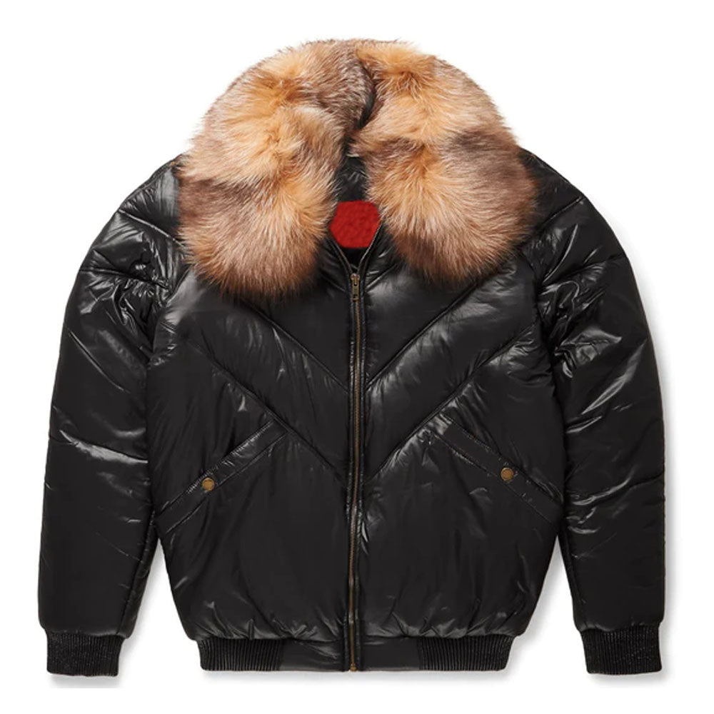 Men Black Bubble Shearling Collar Bubble V-Bomber Leather Jacket