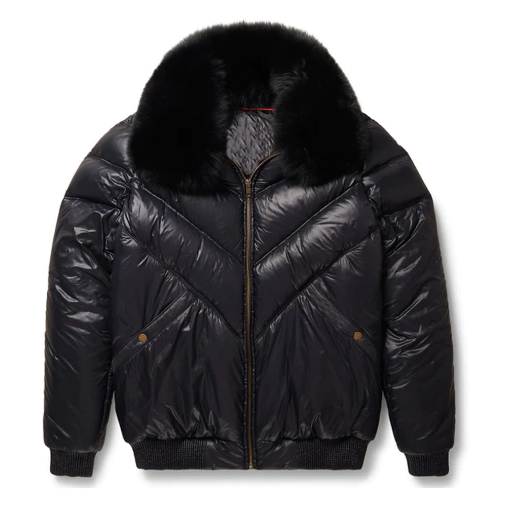 Men Black Leather V-Bomber Sheepskin Bubble Jacket
