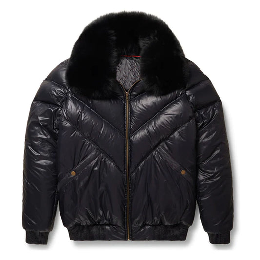 Men Black Leather V-Bomber Sheepskin Bubble Jacket