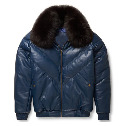 Men's Navy Blue V-Bomber Shearling Collar Bubble Leather Jacket