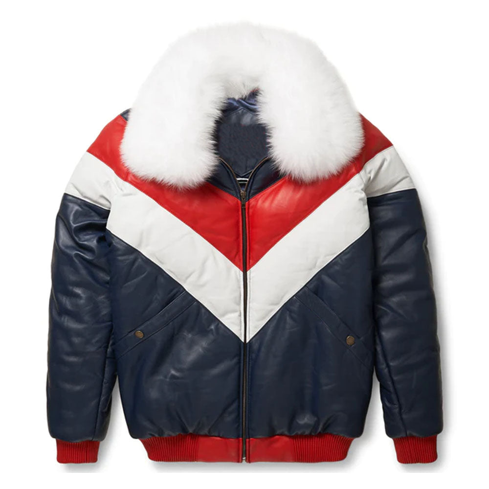 Men Bubble V-Bomber Shearling Collar Leather Jacket
