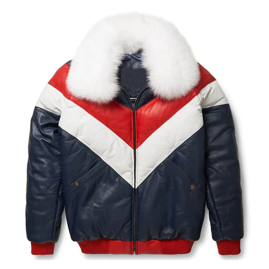 Men Bubble V-Bomber Shearling Collar Leather Jacket