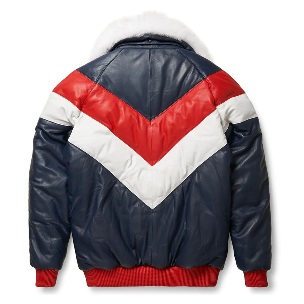 Bubble V-Bomber Shearling Collar Leather Jacket