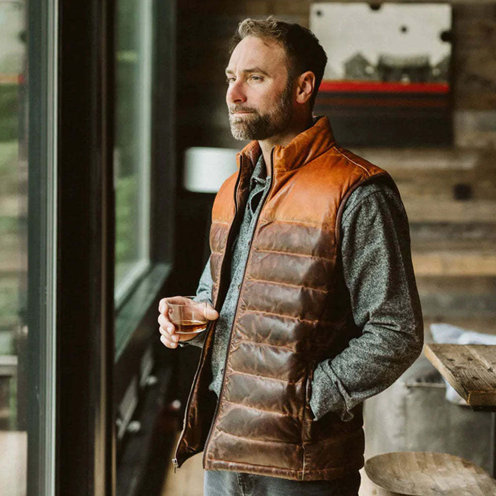 Brown Bubble Down Genuine Leather Sheepskin Vest