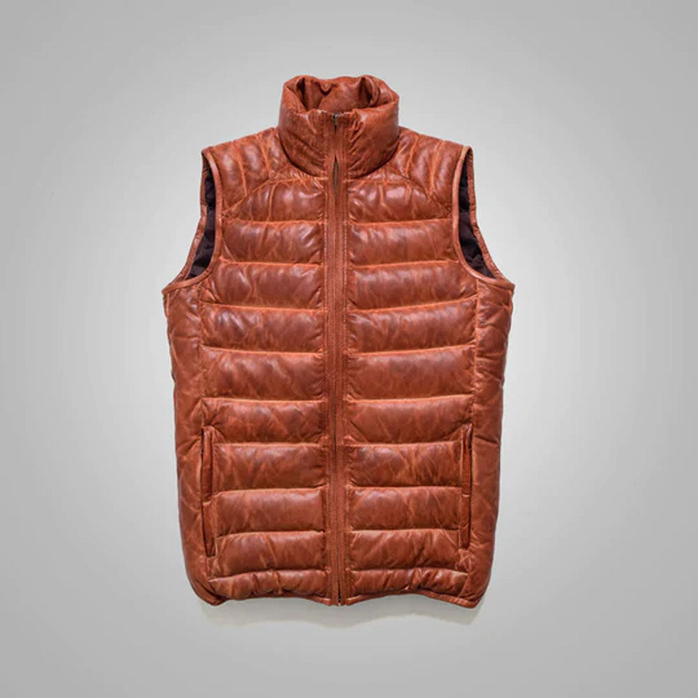 Men's Brown Bubble Lambskin Leather Down Western Vest