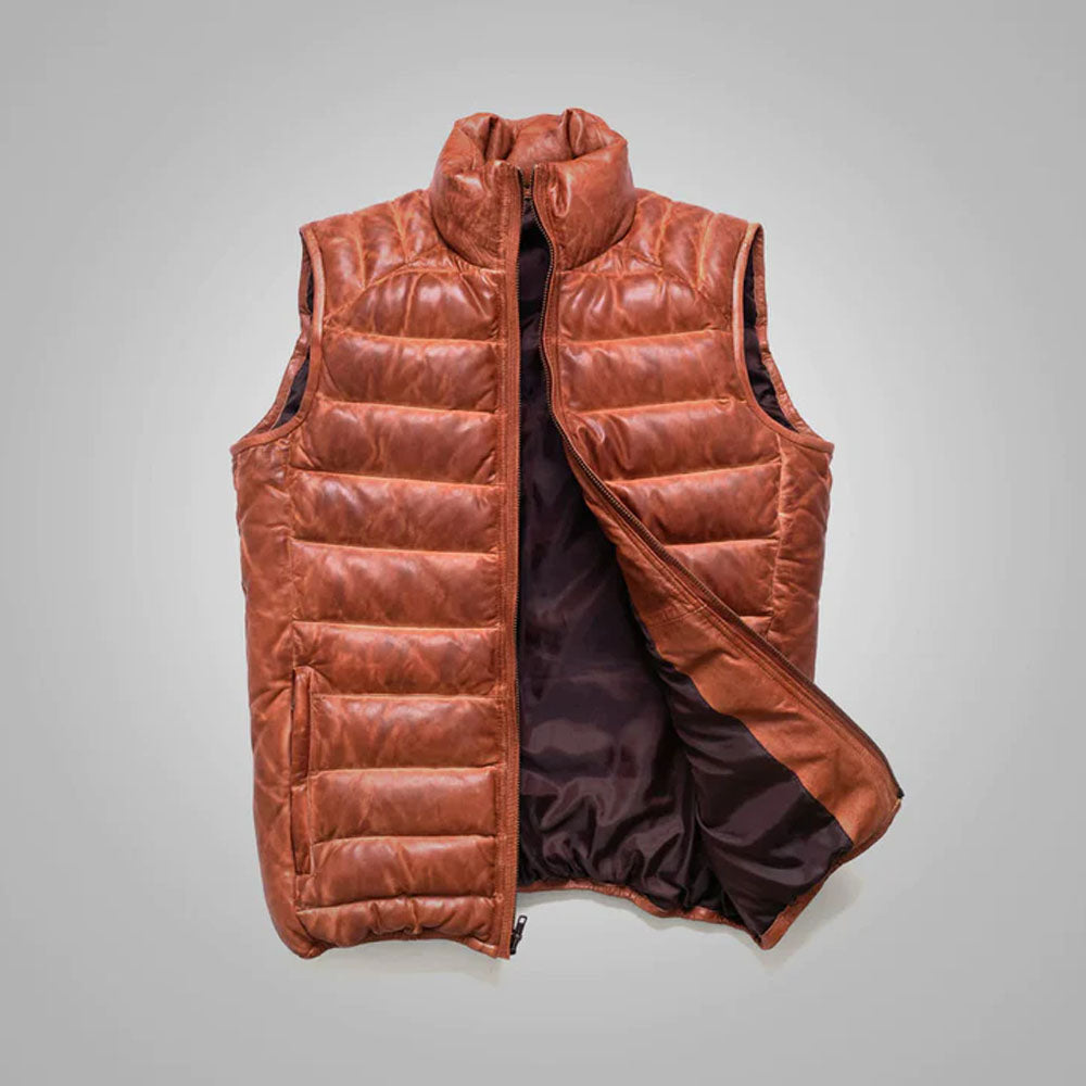 Men's Bubble Lambskin Leather Down Western Vest