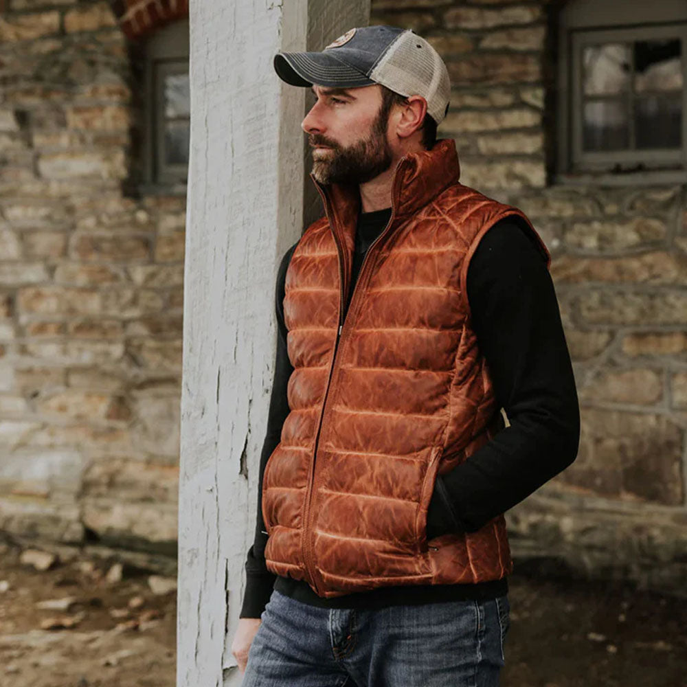 Brown Bubble Lambskin Leather Down Western Vest