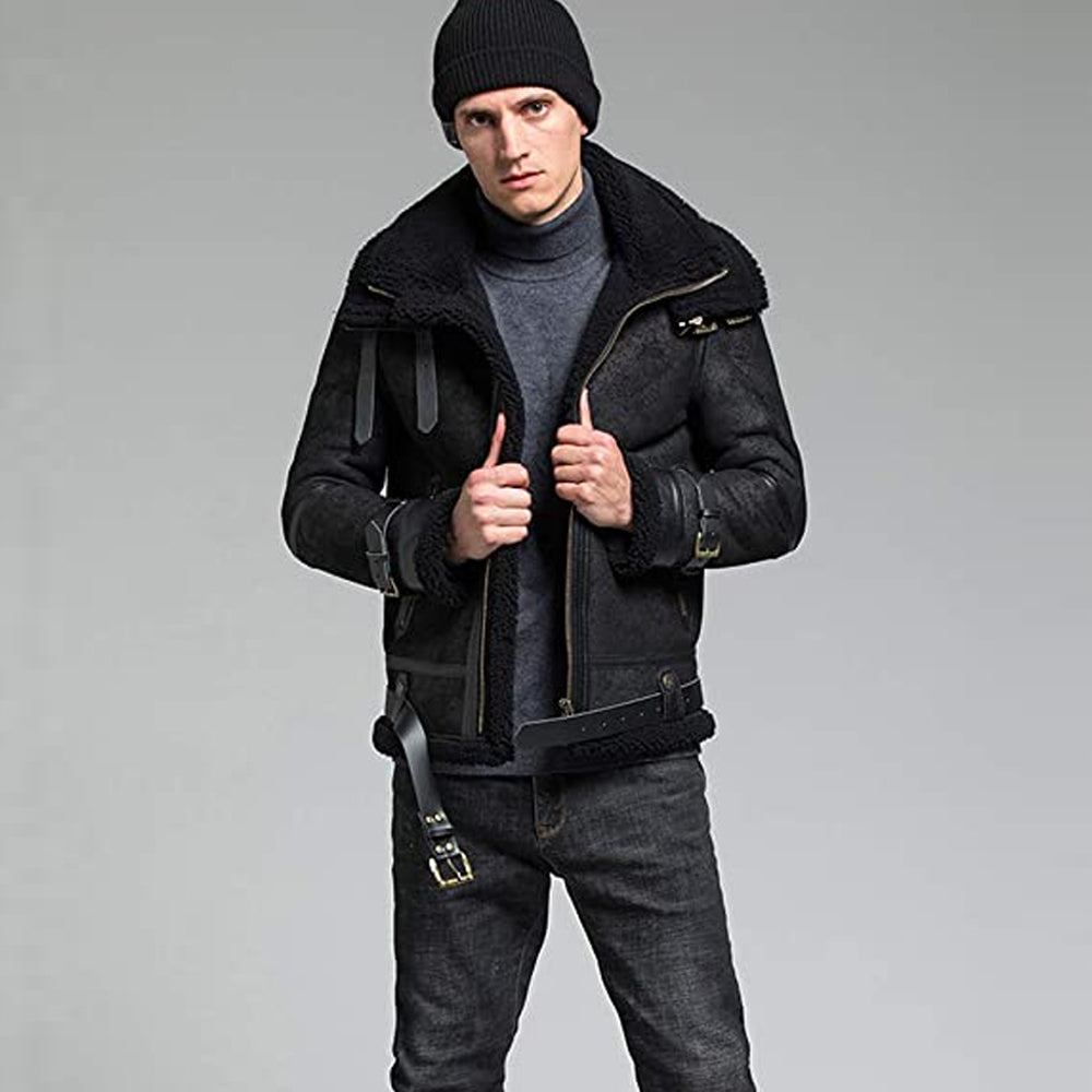 Men B3 Sheepskin Black Double Collar Shearling Leather Jacket