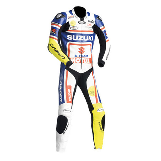 New Men MotoGP Suzuki Branded Motorbike Sport Leather Racing Suit With Multicolor
