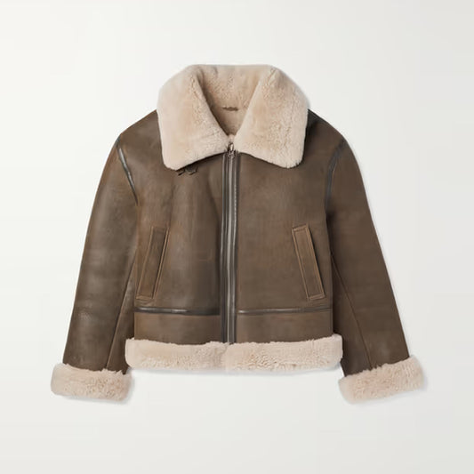 Men Sheepskin RAF Aviator Flight Brown Fur Shearling Leather Jacket