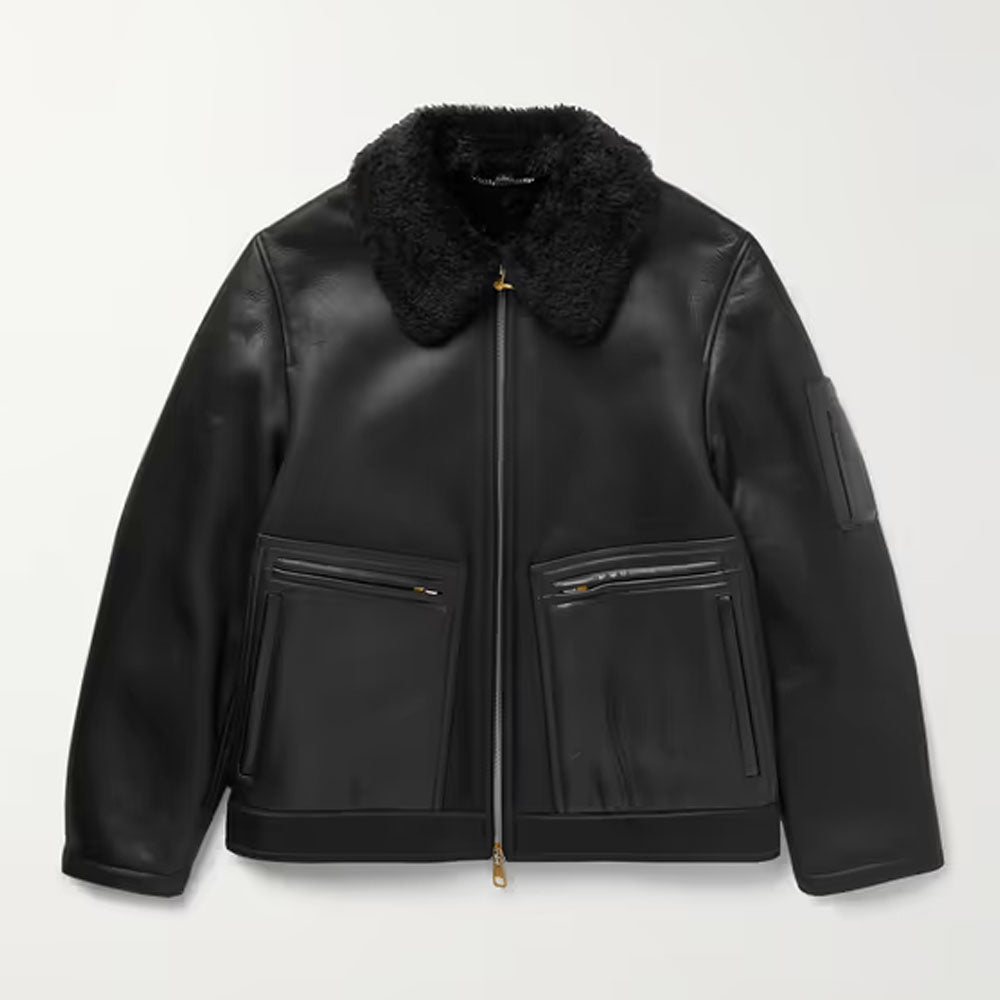 Black Sheepskin Flying Aviator Pilot RAF Black Fur Collar Shearling Leather Jacket