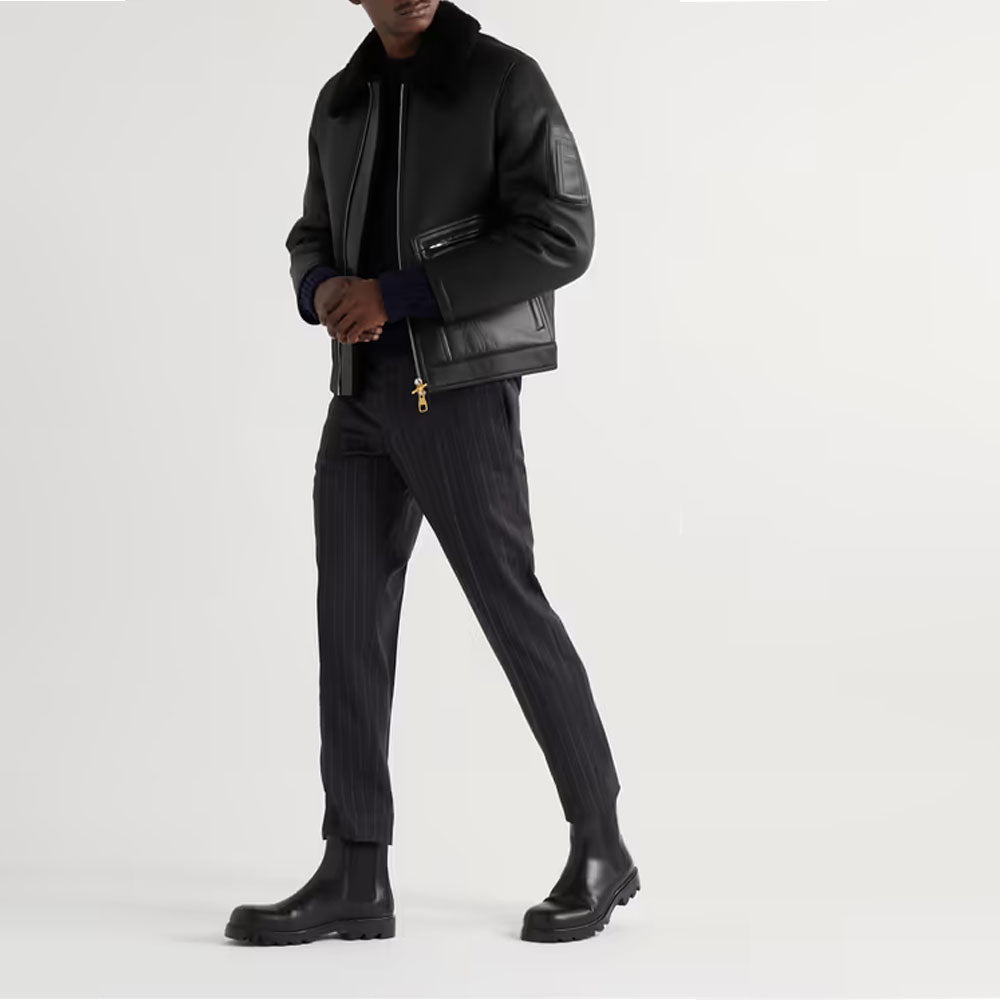 Black Sheepskin Flying Aviator Pilot RAF Black Fur Shearling Leather Jacket