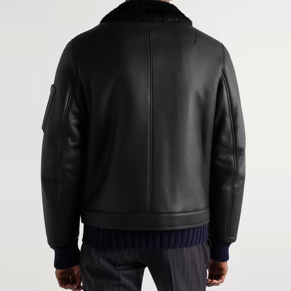 Black Sheepskin Flying Aviator Pilot RAF Fur Collar Shearling Leather Jacket