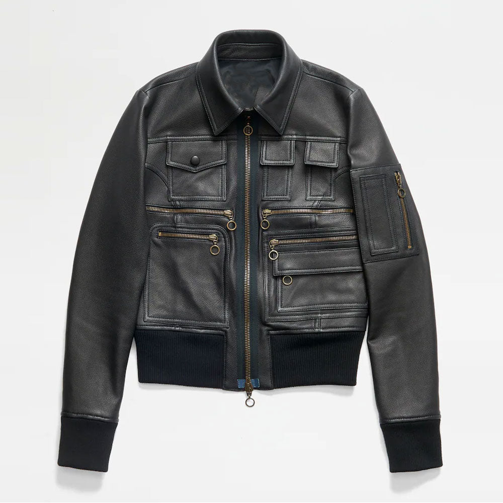 Black Women's Aviator Shearling Sheepskin Biker Leather Trucker Jacket