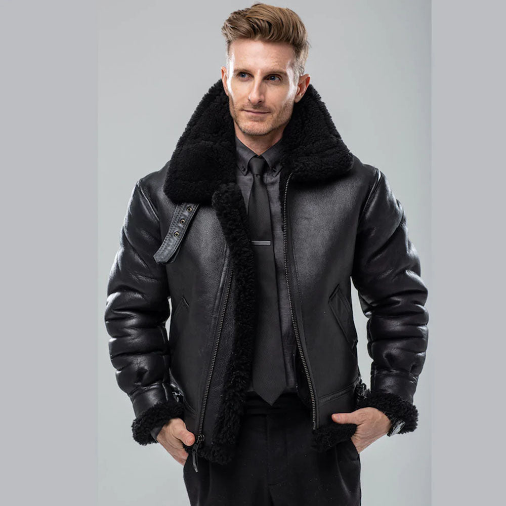 Men Sheepskin Flight Bomber Aviator Fur Shearling Black Leather Jacket