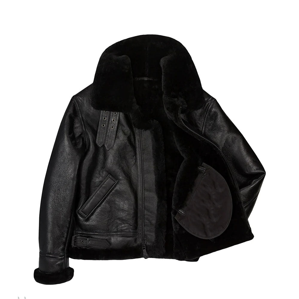 Men Sheepskin Flight Bomber Aviator Shearling Black Leather Jacket