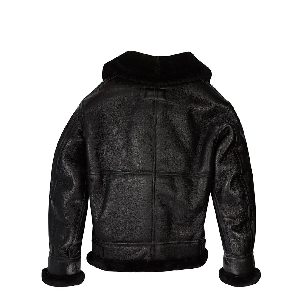 Men Sheepskin Flight Bomber Fur Shearling Black Leather Jacket