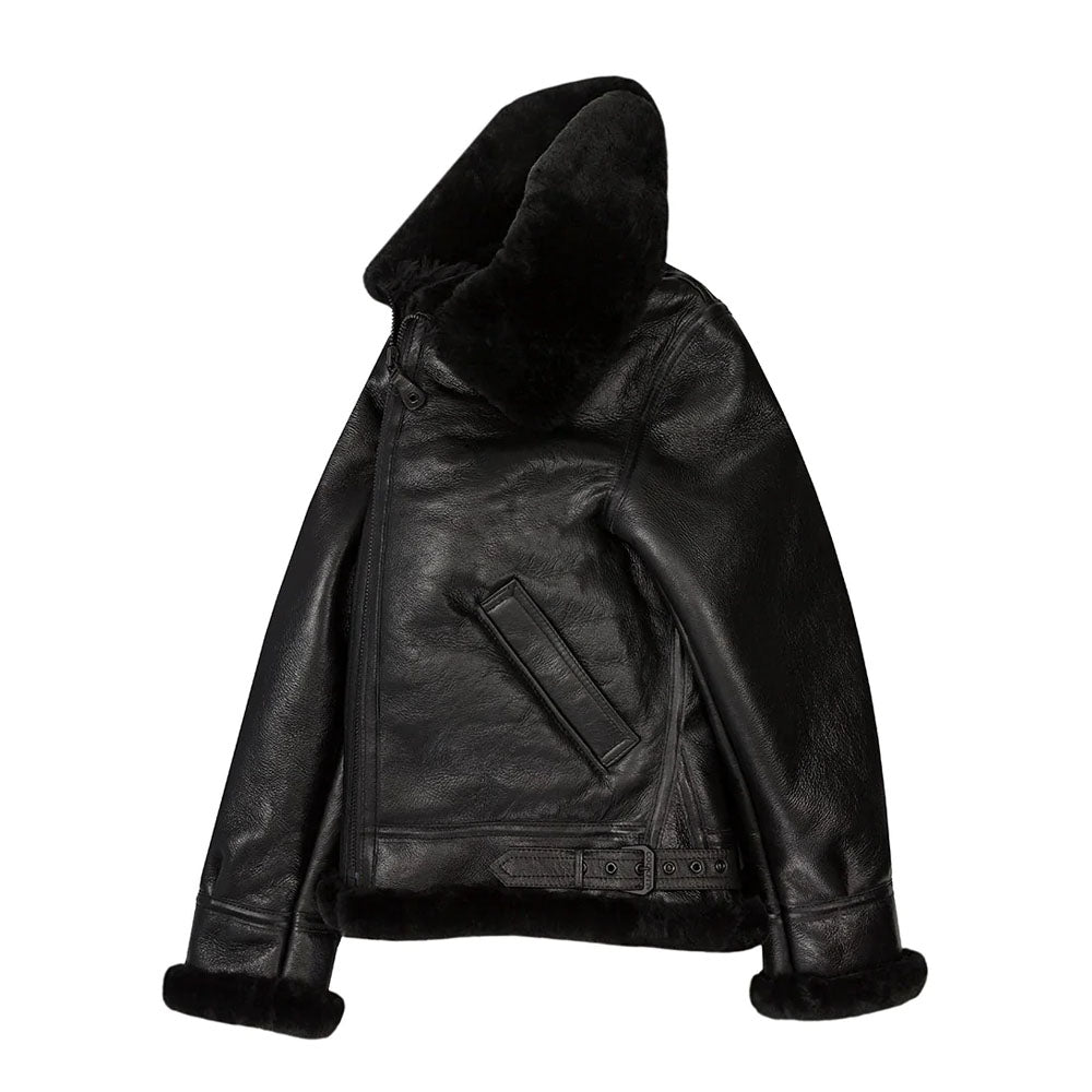 Men Sheepskin Bomber Aviator Fur Shearling Black Leather Jacket