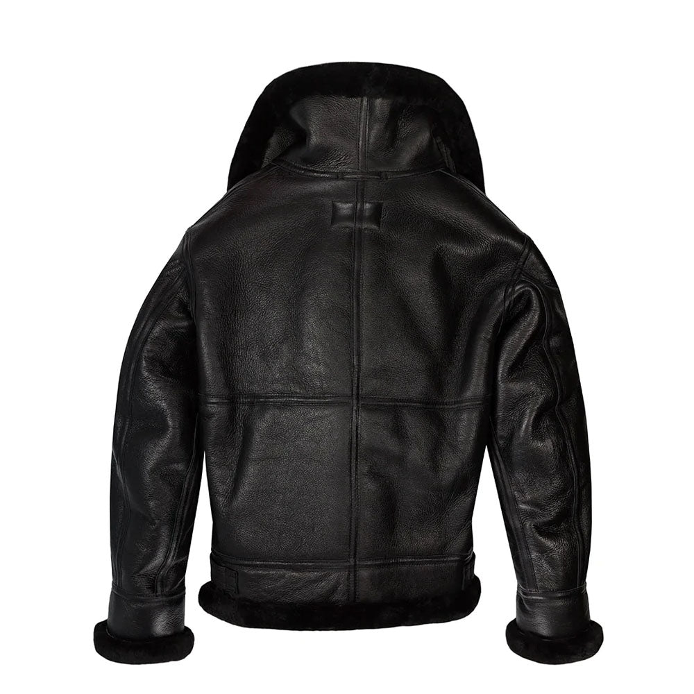 Men Sheepskin Flight Bomber Aviator Fur Black Leather Jacket