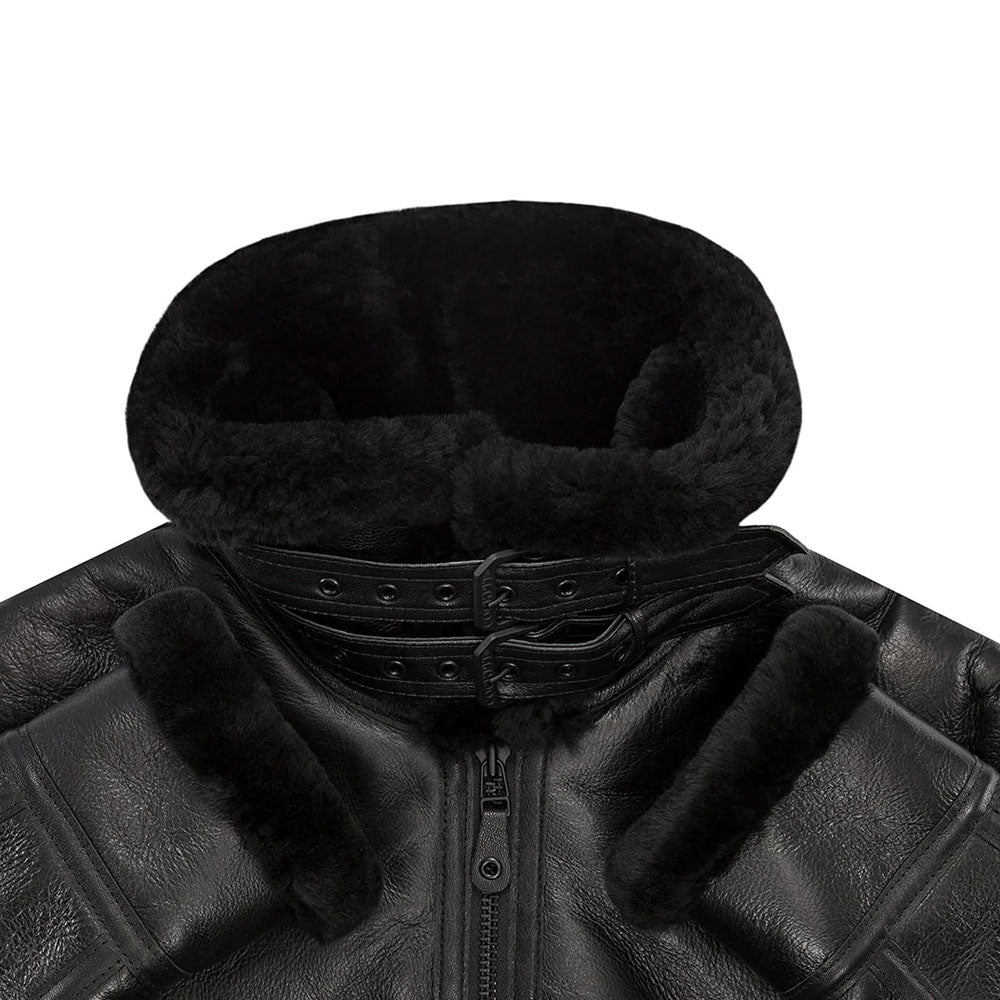 Men Sheepskin Flight Bomber Aviator Fur Shearling Black Leather Jacket