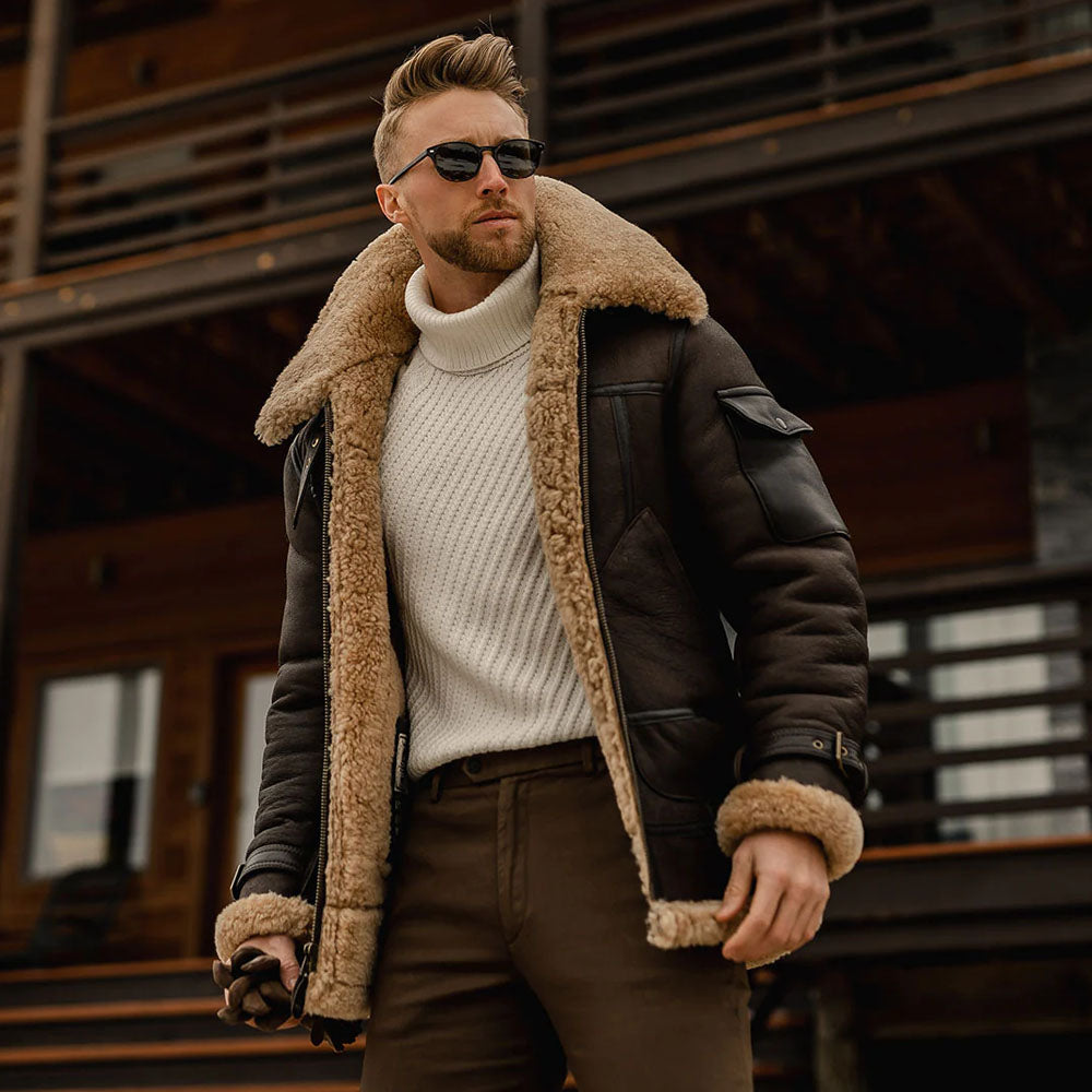 Sheepskin Flying Aviator Bomber B3 Brown Shearling Leather Jacket