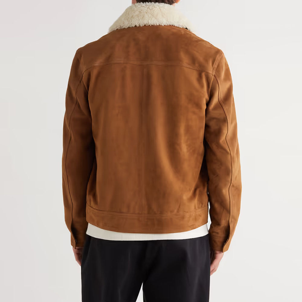 Men Brown Fur Collar Trucker Trimmed Suede Leather Jacket