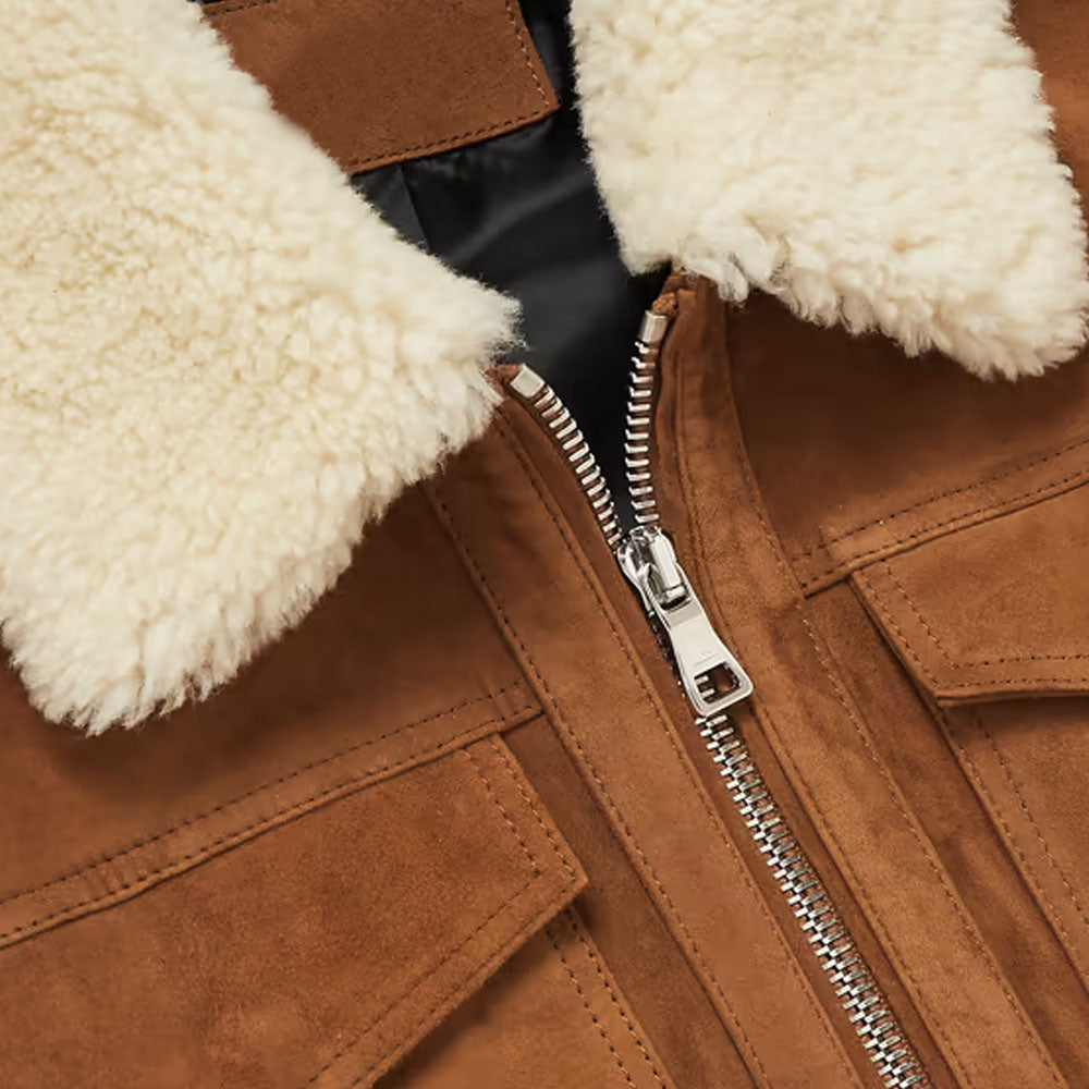 Brown Fur Collar Trucker Shearling Trimmed Suede Leather Jacket