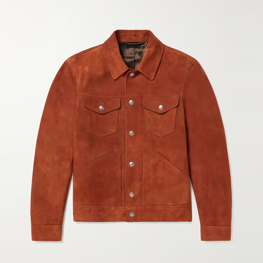 Men Sheepskin Red Trucker Suede Leather Jacket