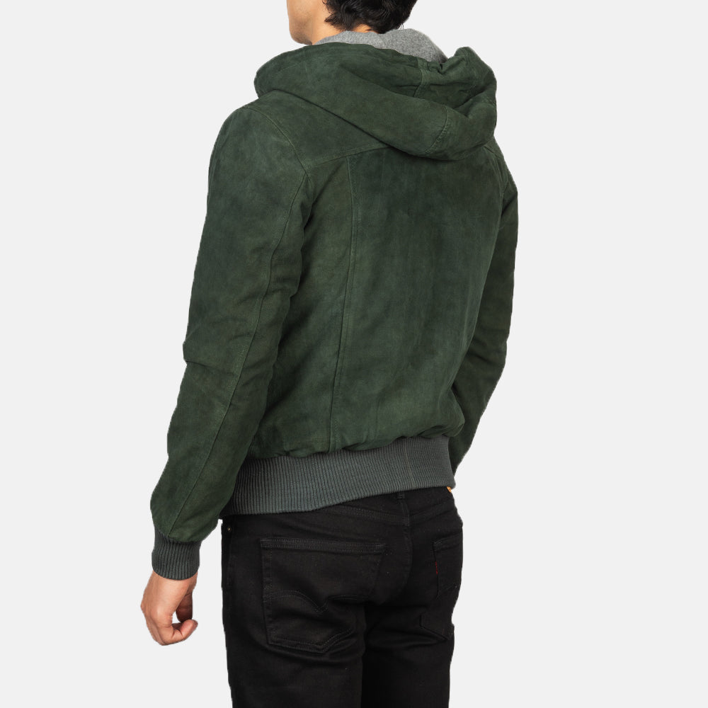 New Green Hooded Suede Lambskin Cowboy Leather Bomber Jacket For Men
