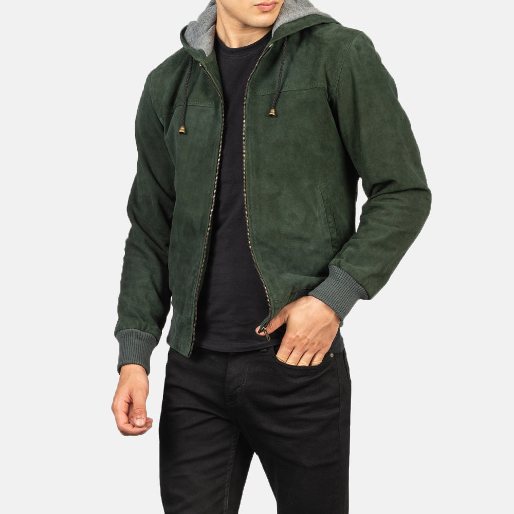 New Green Hooded Suede Lambskin Cowboy Leather Bomber Jacket For Men