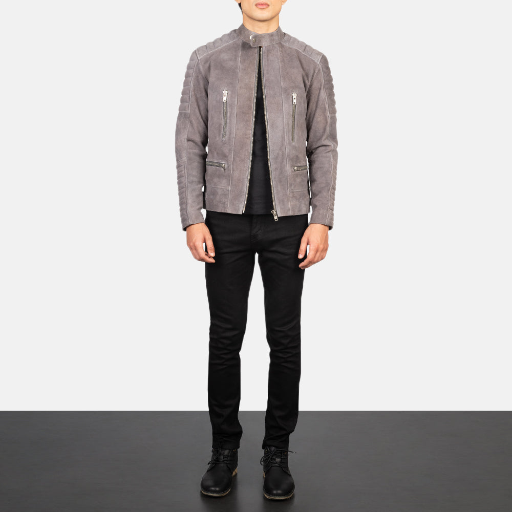 Men Western Genuine Leather Damian Grey Suede Biker Jacket