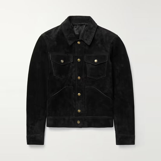 Men Black Lambskin Trucker Suede Leather Jacket