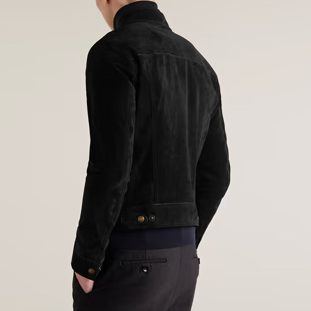 Men Black Trucker Suede Leather Jacket
