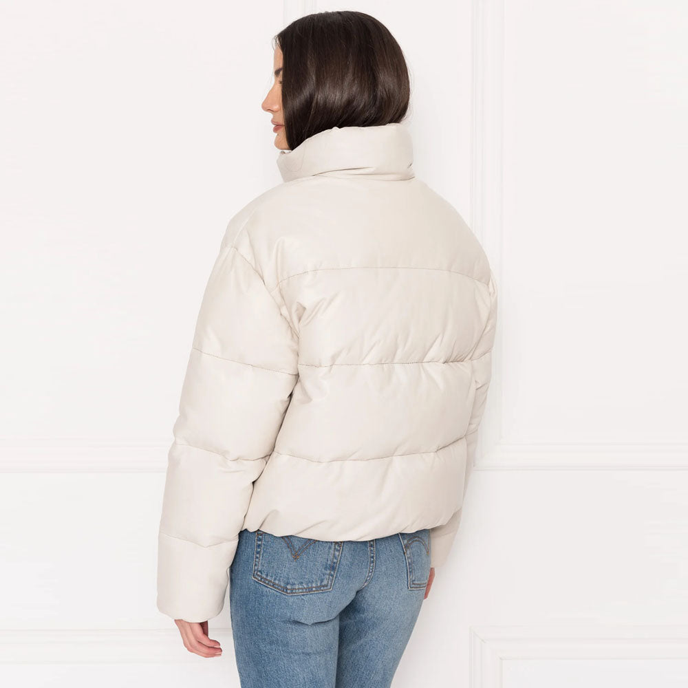Women Bone White Bubble Sheepskin V-Bomber Leather Jacket