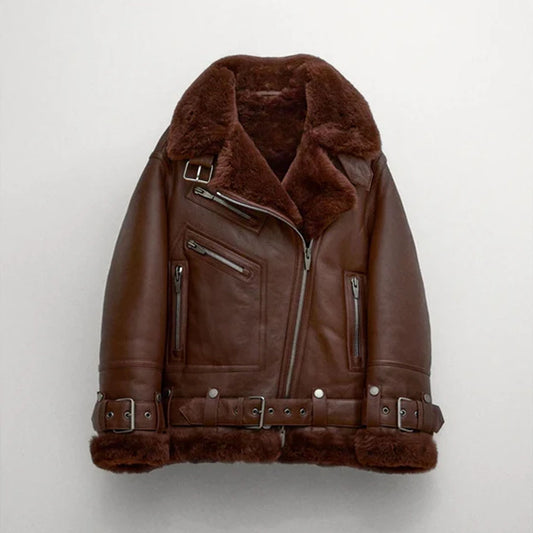 Women Brown B3 Shearling Aviator Styled Sheepskin Leather Jacket