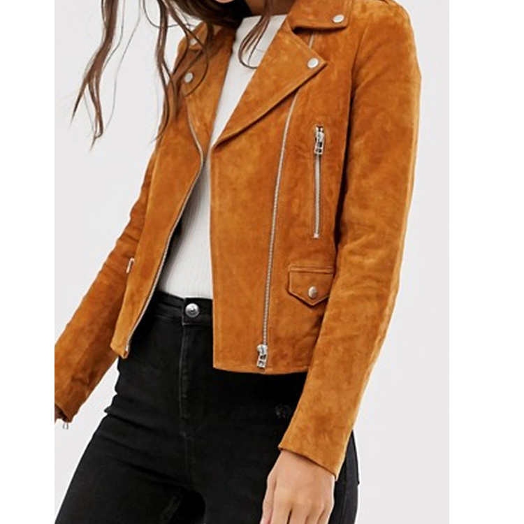 New Women’s Brown Western Genuine Suede Leather Biker Jacket