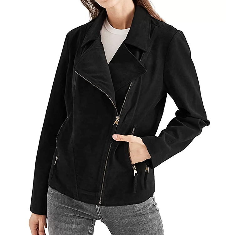 New Black Suede Cowboy sheepskin Leather Biker Jacket For Women