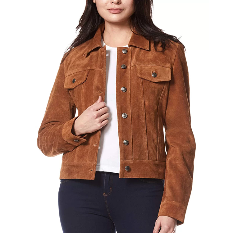 New Brown Women's Goatskin Leather Trucker Jacket