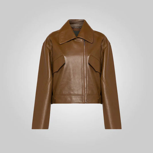 Women Pointed Collar Brown Goatskin Plain Leather Jacket