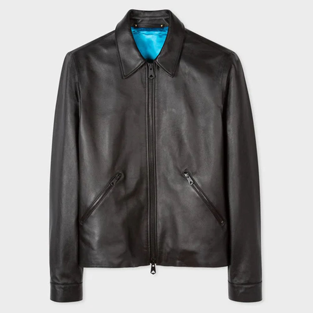 Black Men's Sheepskin Down Collar Black Leather Jacket
