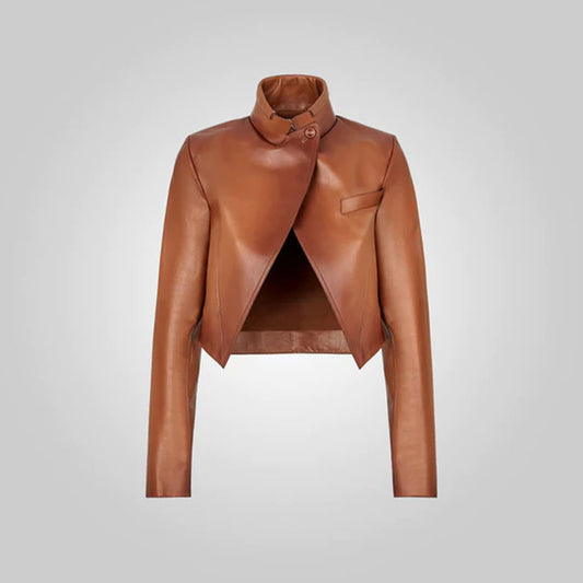 Women Sheepskin Cropped Brown Leather Jacket