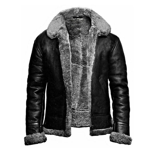 Sheepskin B3 Bomber Grey Fur Flight Airforce Black Shearling Leather Jacket