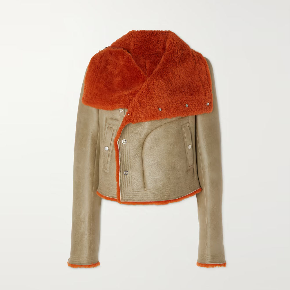 Women Orange Aviator Fur Collar Flight Sheepskin Shearling Leather Jacket