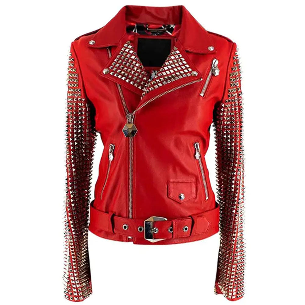 Women Red New Motorcycle Studded Fashion Biker Leather Jacket