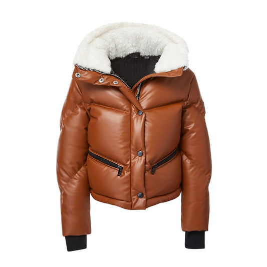 Women Puffer Fur Collar Sheepskin Bubble V-Bomber Leather Jacket